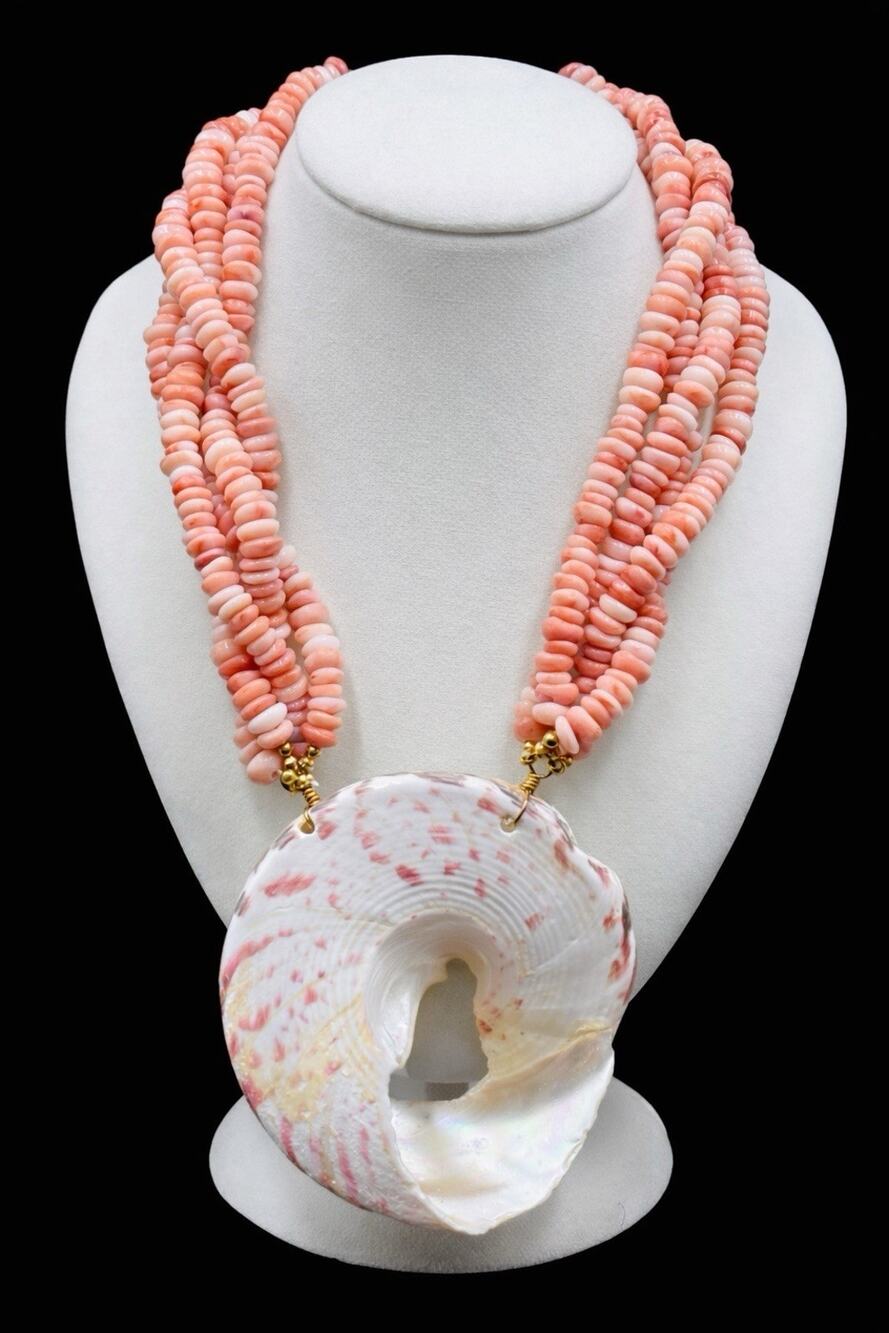 Kenneth J Lane Signed Multi Strand Faux Coral Oversize Statement Shell Necklace